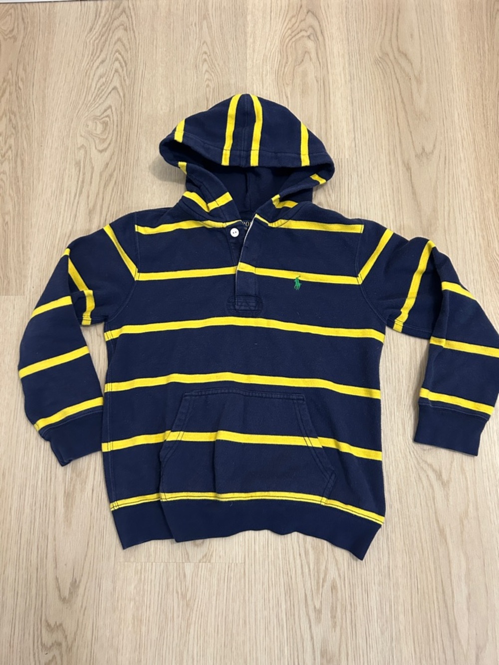 Kids VTG Polo by Ralph Lauren Navy thermal lined Hoodie with Yellow stripes